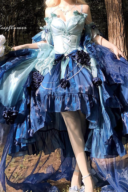 Undersea Blue Sweet Ballet Lolita Swan Wonderland Embroidery Lace-Up Asymmetric JSK Dress