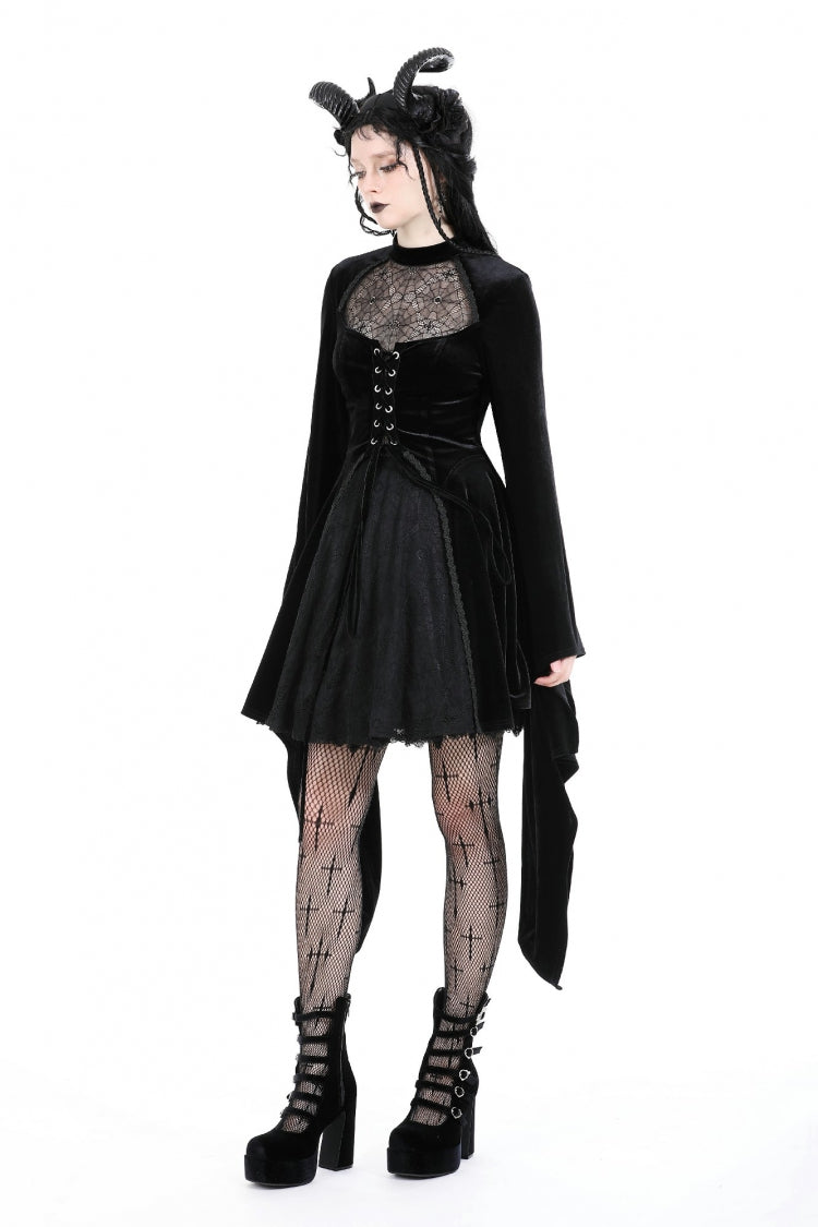 Velvet Gothic Wedding Gown with Mesh and Lace-Up Details