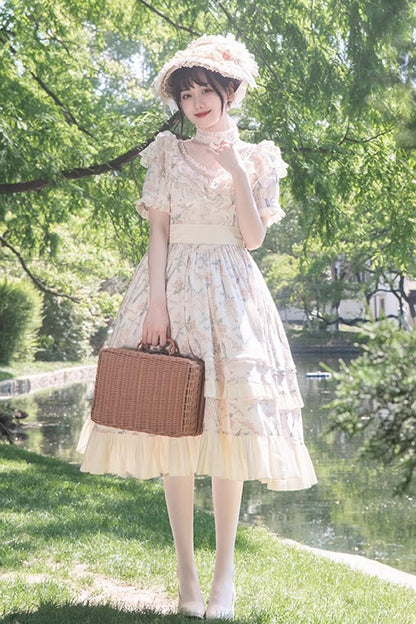 Daisy Cherry Embroidered Edwardian Lolita Dress with Short Sleeves