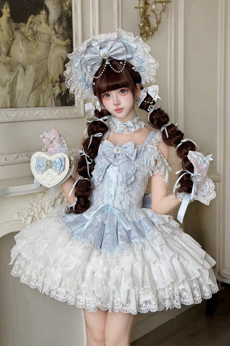 Square-Collar Sleeveless Pearl-Trimmed Layered JSK with Lacing