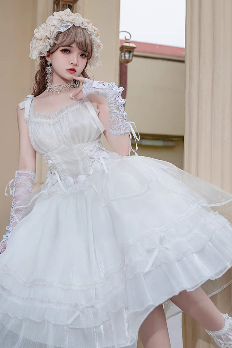 White Sleeveless Ruffled Sleeping Garden Hanayome Bow-Trim Sweet Lolita JSK Dress