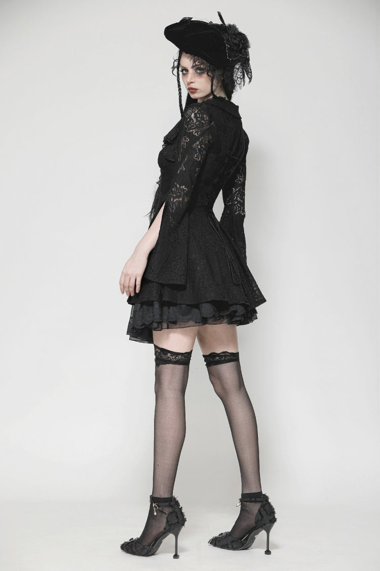 Ebony Embroidered Lace Trumpet Sleeve Corset Dress - Gothic Honeymoon Gown
