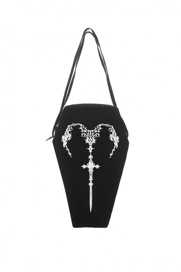 Gothic Women's Handbag with Embroidered Horned Motif and Chain