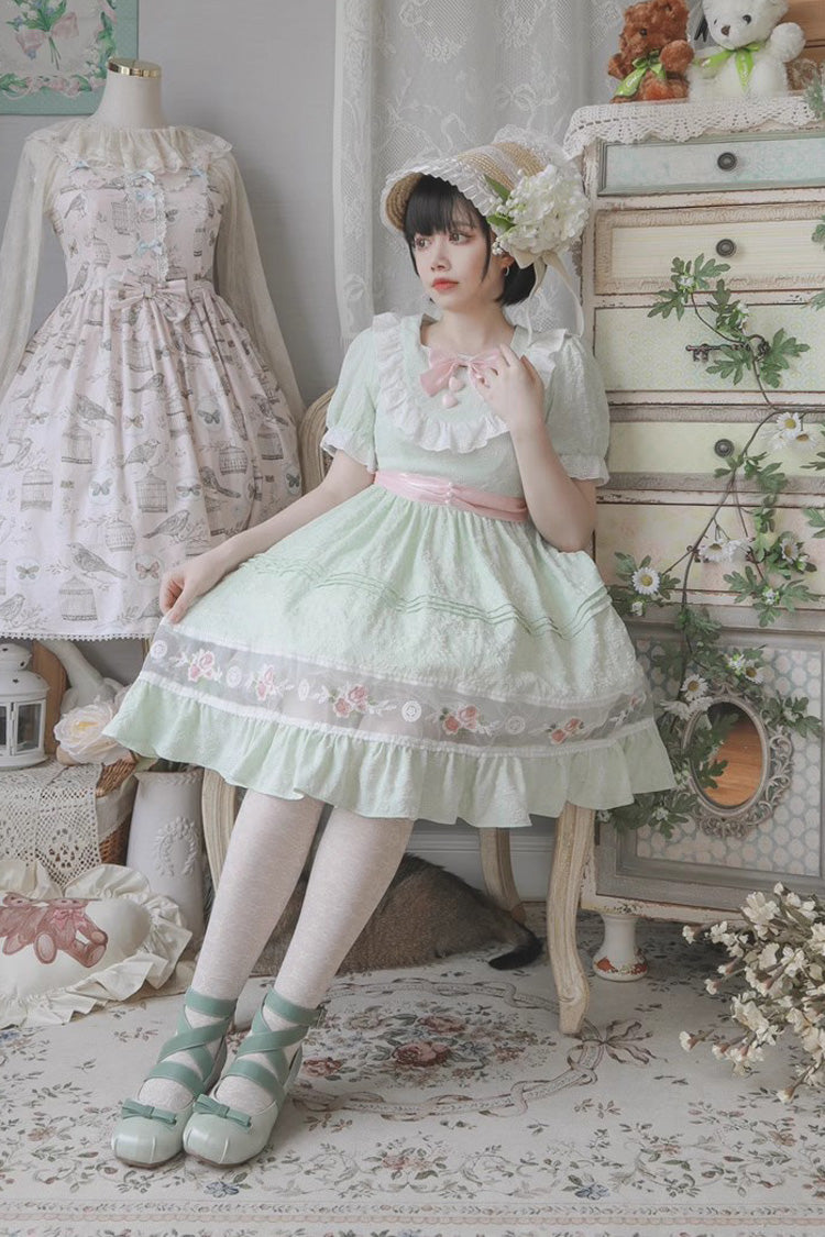 Green Short-Sleeved Rose Print Ruffled Bow-Trim Sweet Lolita Dress