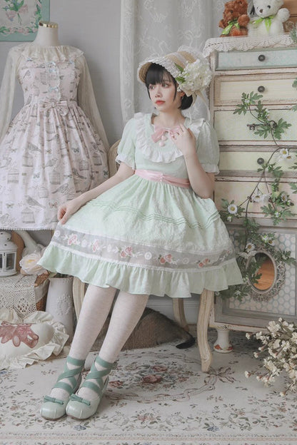 Green Short-Sleeved Rose Print Ruffled Bow-Trim Sweet Lolita Dress