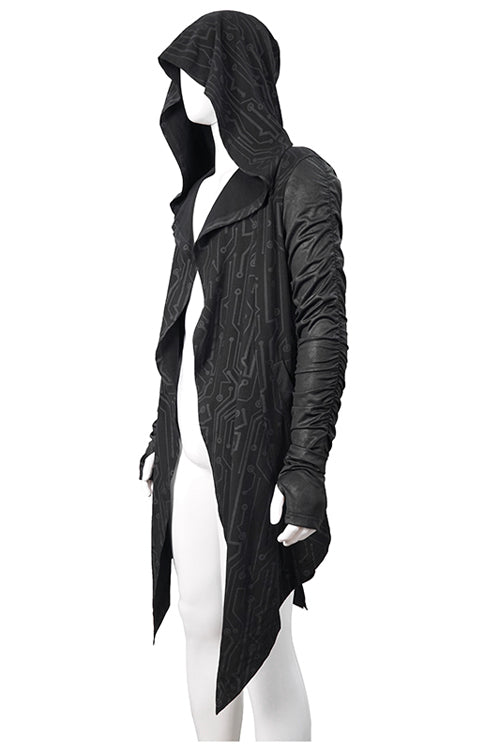 Men's Punk Knit Long Coat with Hood Wrinkled Sleeves Circuit Print
