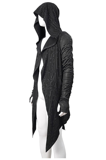 Men's Punk Knit Long Coat with Hood Wrinkled Sleeves Circuit Print