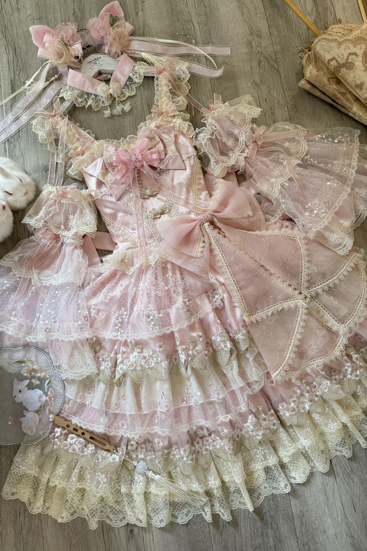 Pink Falling Rain Flowers Sleeveless Ruffle Embroidery Bow Sweet Chinese Style Lolita Jsk Dress