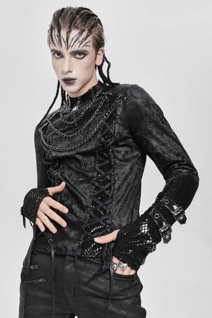 Men's Punk Blouse with Lace-Up Front and Chain Accents