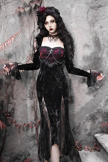 Rose Cemetery Gothic Fishtail Dress with Slim Lace - Noir