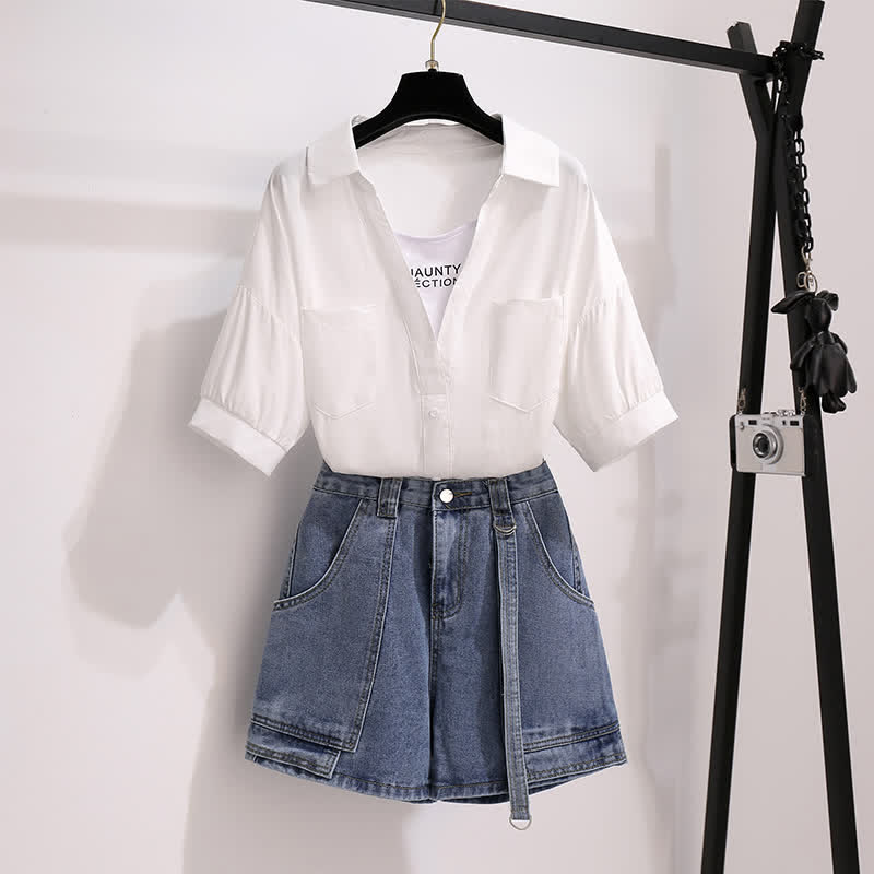 Pocketed T-Shirt Denim Fake Lapel Shorts Pieces Two