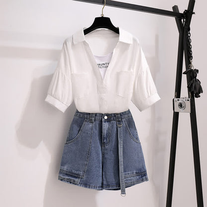 Pocketed T-Shirt Denim Fake Lapel Shorts Pieces Two