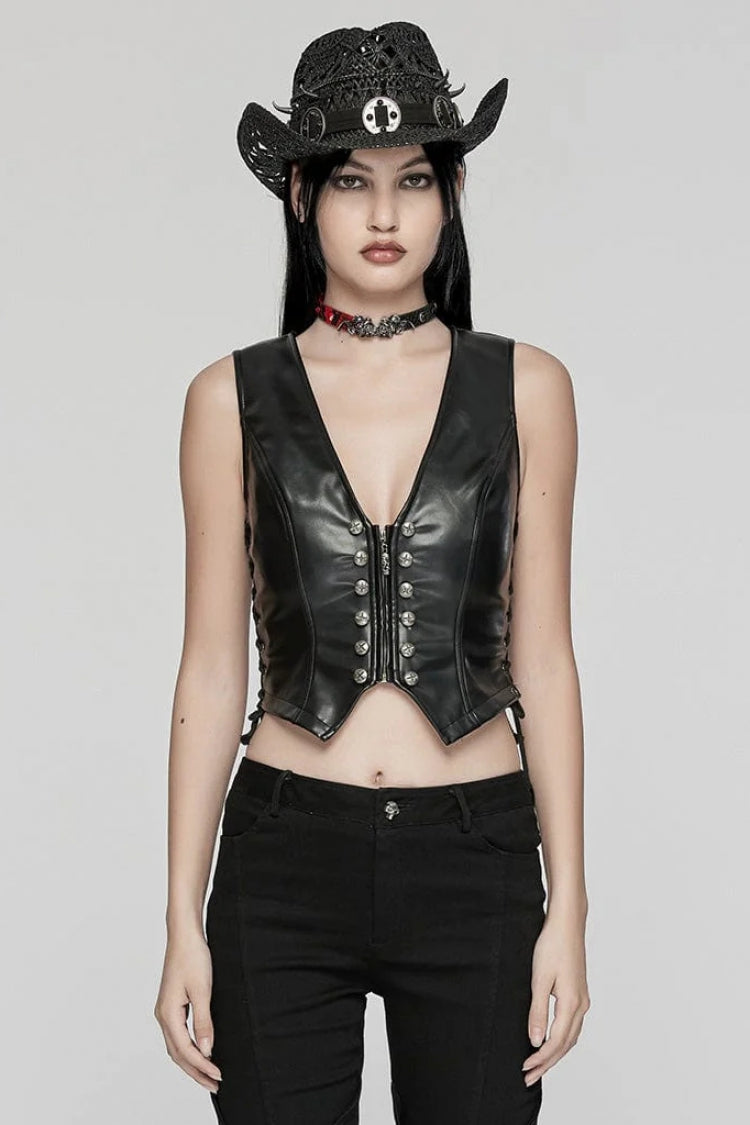 Punk Women's Vest with Faux Leather V Collar Sleeveless Lace-Up and Zipper