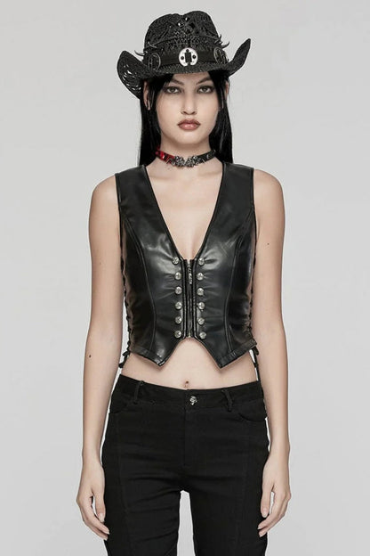 Punk Women's Vest with Faux Leather V Collar Sleeveless Lace-Up and Zipper