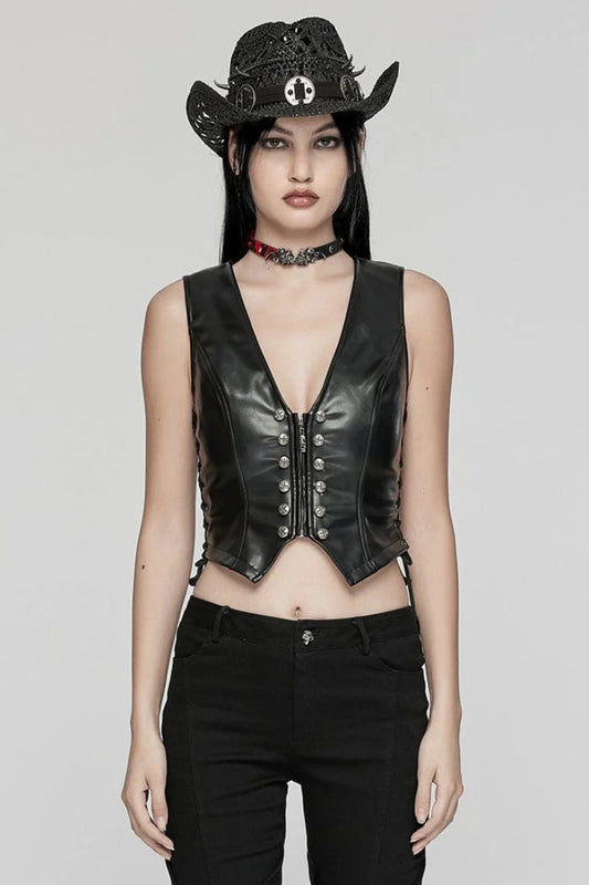 Punk Women's Vest with Faux Leather V Collar Sleeveless Lace-Up and Zipper
