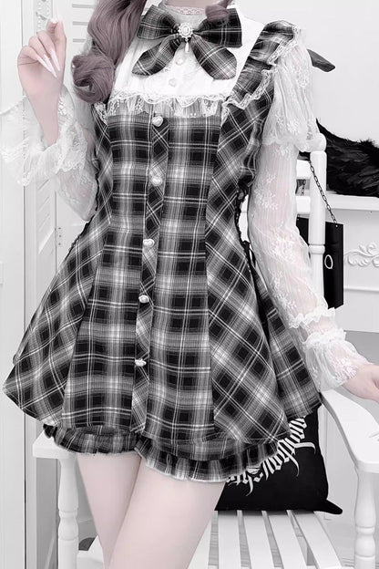 Stand Collar Long Sleeves Ruffled Bow Lace Sweet Japanese Dress Shorts Set