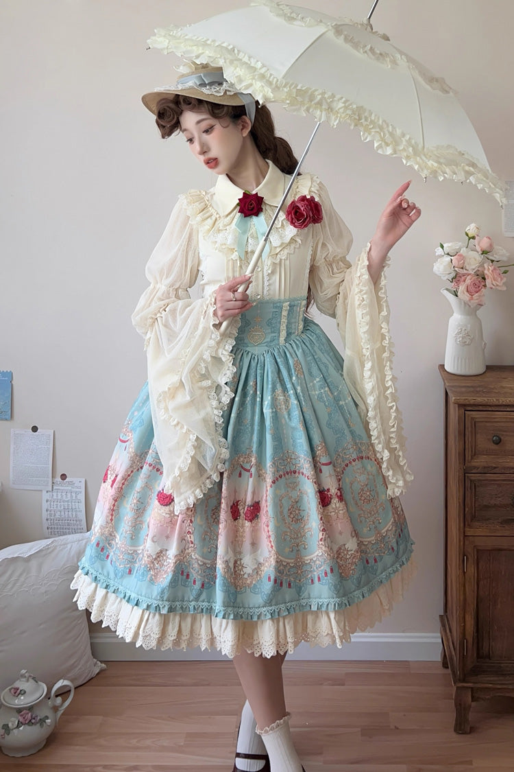 Ruffle-Embroidered Palace Skirt with Lace and Print