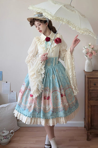 Ruffle-Embroidered Palace Skirt with Lace and Print