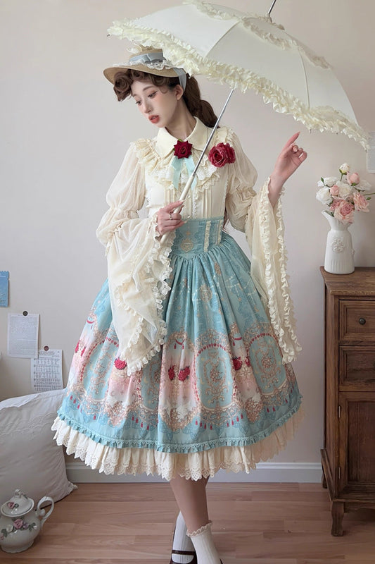 Ruffle-Embroidered Palace Skirt with Lace and Print