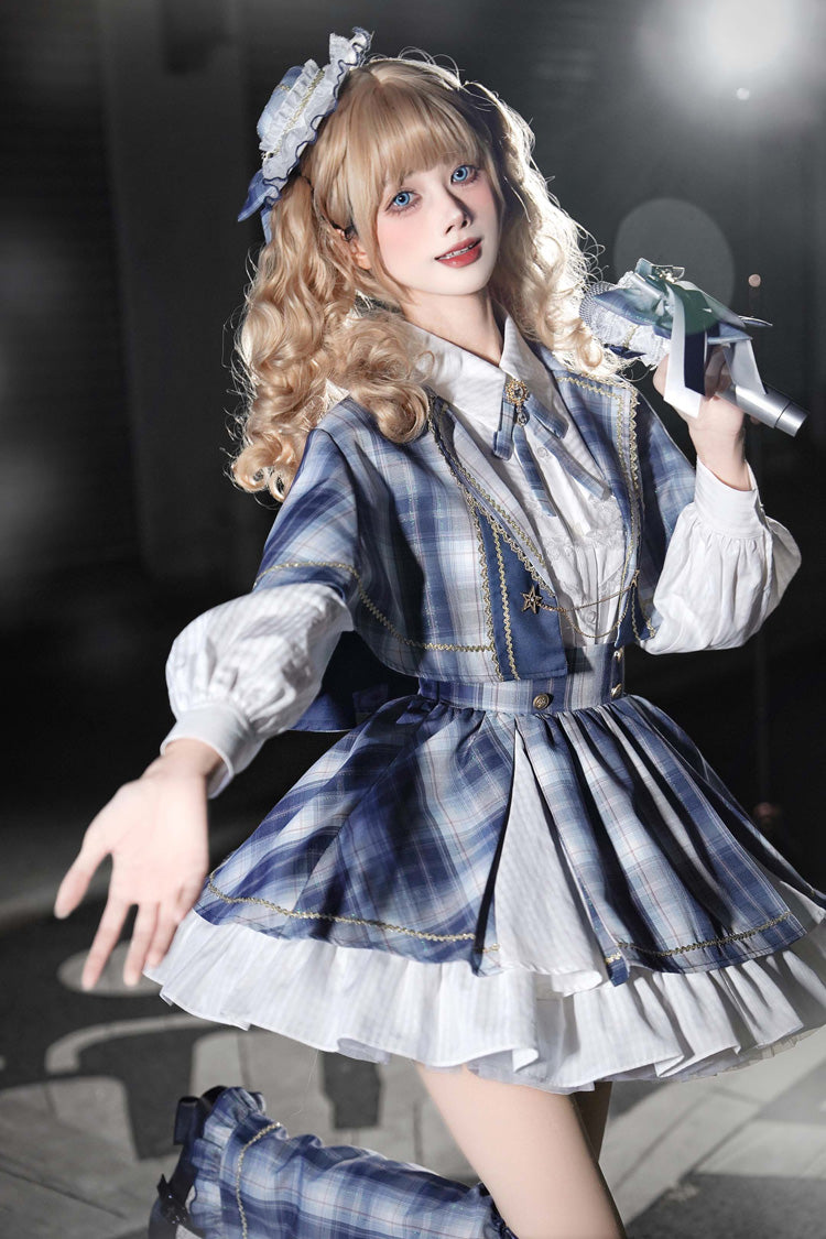 Lapel Long Sleeve Double Printed Ruffled Bow Japanese Lolita Skirt Set