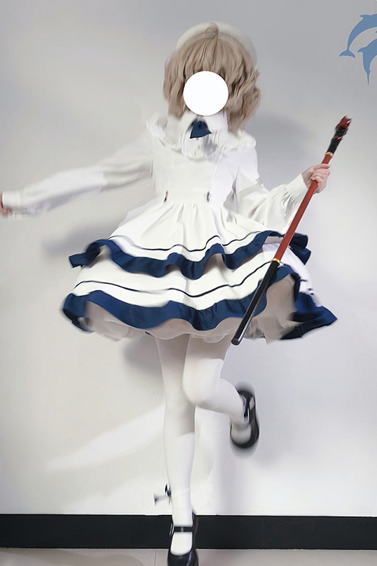 White Long Sleeve Double-Layer Ruffle Sweet College Lolita Dress