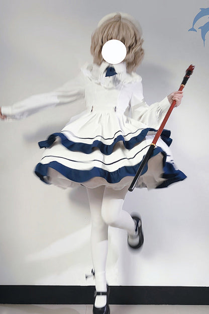 White Long Sleeve Double-Layer Ruffle Sweet College Lolita Dress