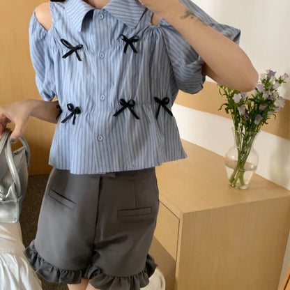 Hollow Puff Hem Shorts Lace T-Shirt Out Sleeve Stripe Bowknot