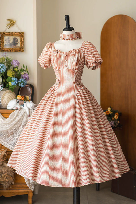 Chantilly Forest Square Collar Striped Printed Ruffled Classic Vintage Dress