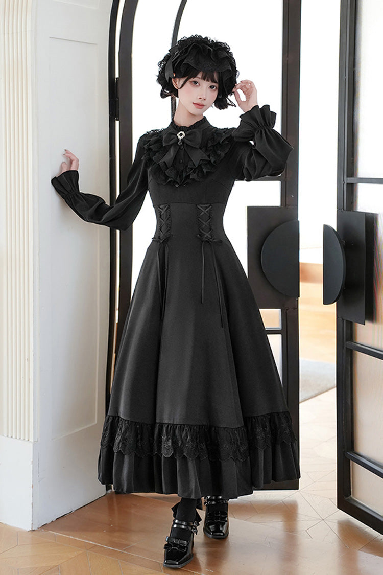 Stand Collar Gothic Dress with Long Sleeves and Lace-Up Ruffled Bow - Letters & Poems · Day and Night