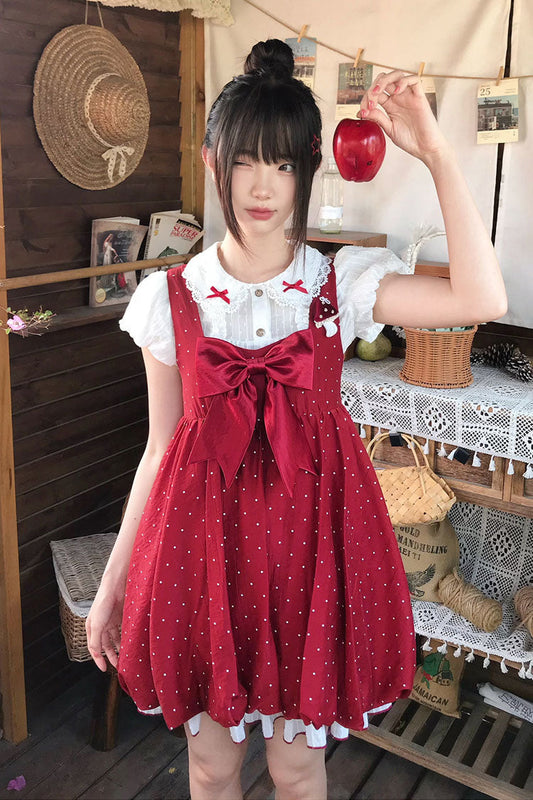 Red Little Mushroom Sleeveless Polka Dot Ruffle Bow Sweet Lolita JSK