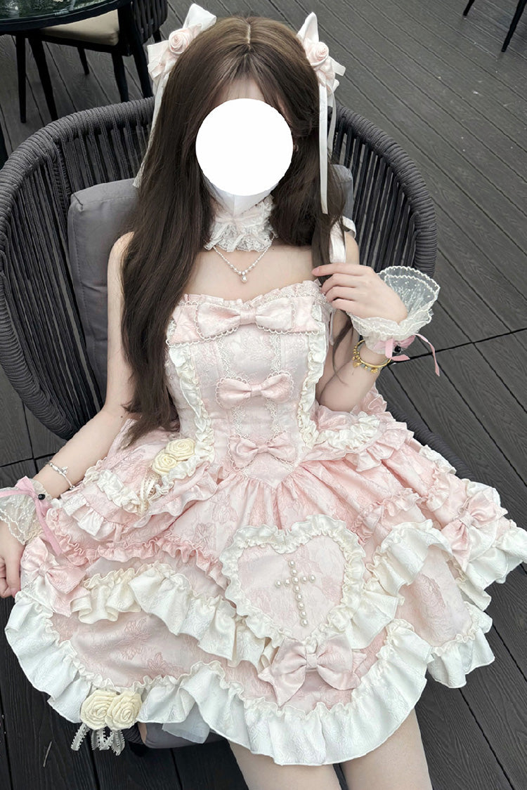Pink Heart of Butterfly Halterneck Sleeveless Multi-Layer Ruffle Embroidery Princess Ballet JSK Dress Set