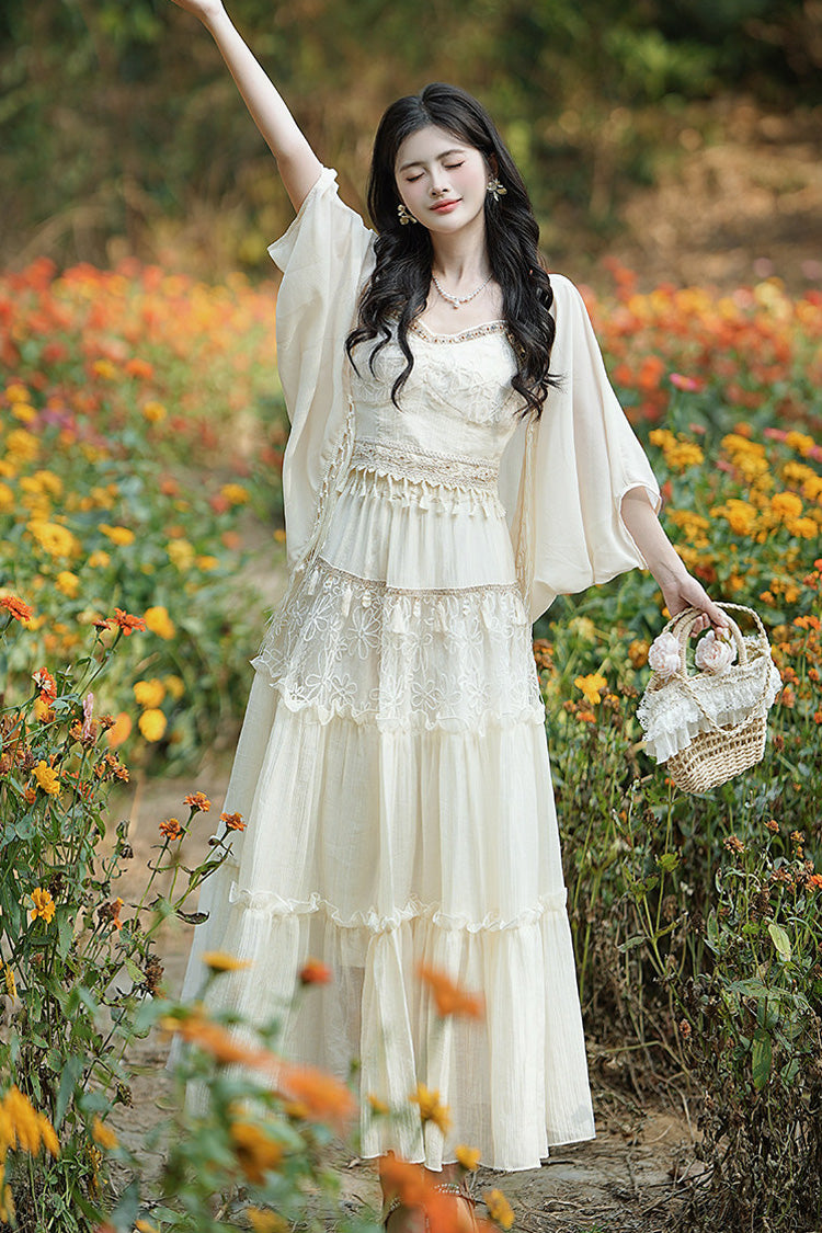 Apricot Bohemian Sleeveless Ruffle Embroidered Sweet Lolita Skirt Set