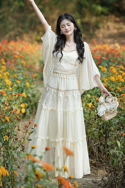 Apricot Bohemian Sleeveless Ruffle Embroidered Sweet Lolita Skirt Set