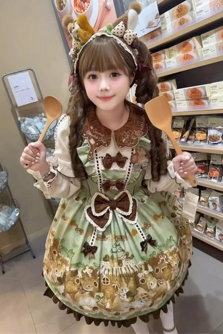 Emerald Doll Collar Long-Sleeve Bow Lolita Dress - Squirrel Chocolate