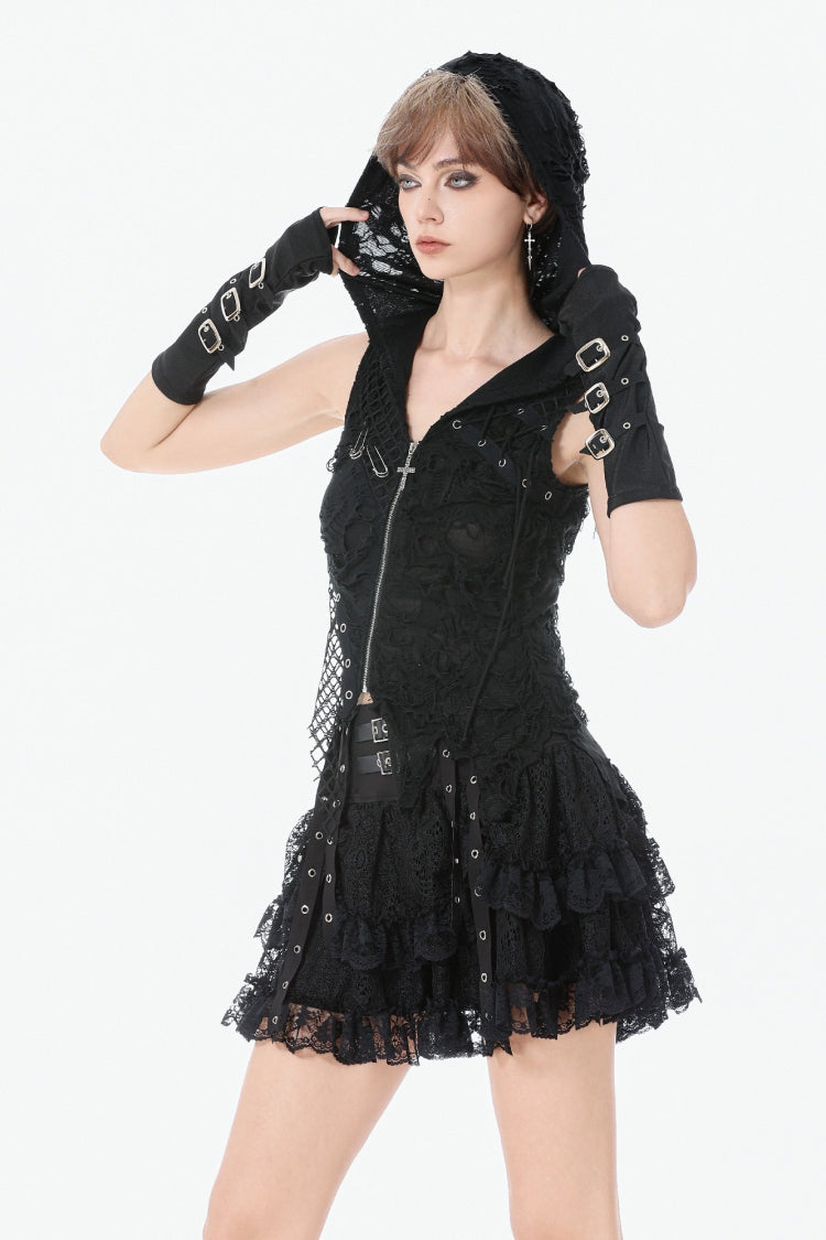 Hooded Punk Top with Ripped Mesh and Eyelets