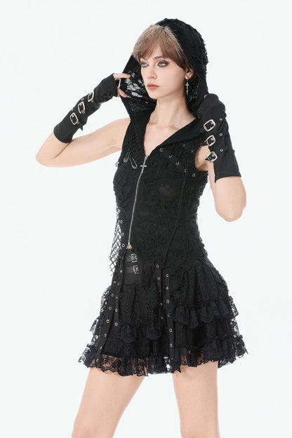 Hooded Punk Top with Ripped Mesh and Eyelets