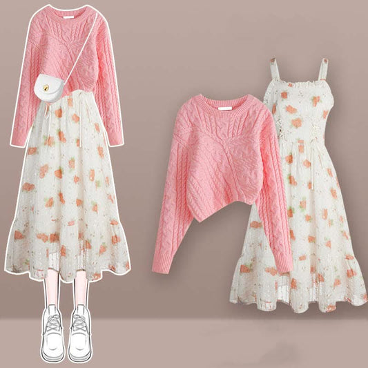 Dress Sweater Print Irregular Floral Knit Slip Cable