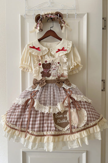 Rabbit Bear Plaid Ruffle Bow Sweet Lolita Skirt with Blouse