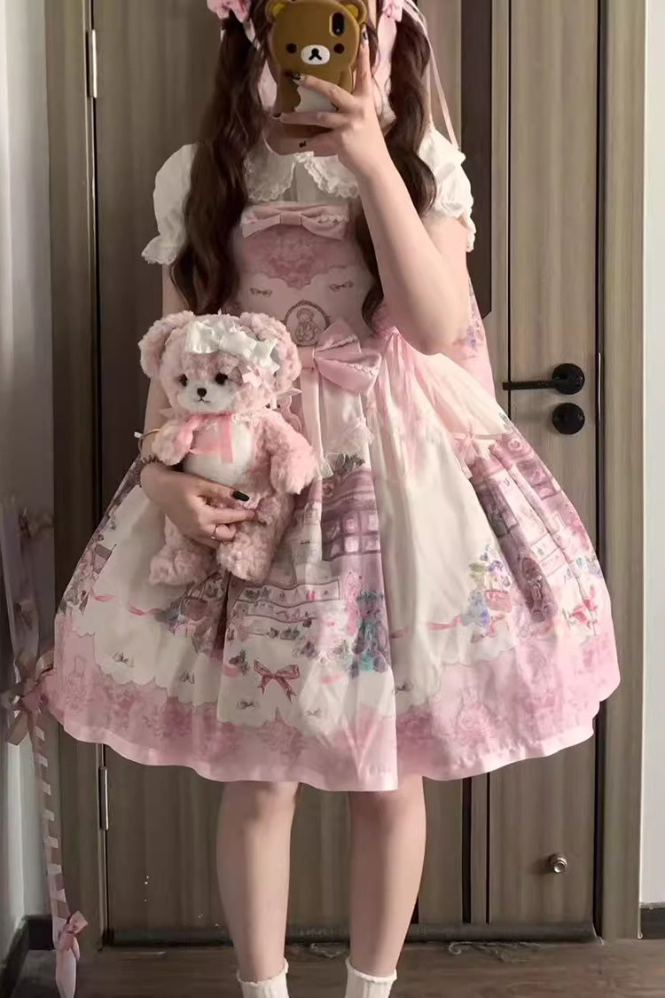 Pink Print Sleeveless Bow Lace Sweet Princess Lolita Jumper and Strap Gown - Little Bear Shop