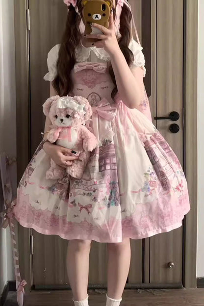 Pink Print Sleeveless Bow Lace Sweet Princess Lolita Jumper and Strap Gown - Little Bear Shop
