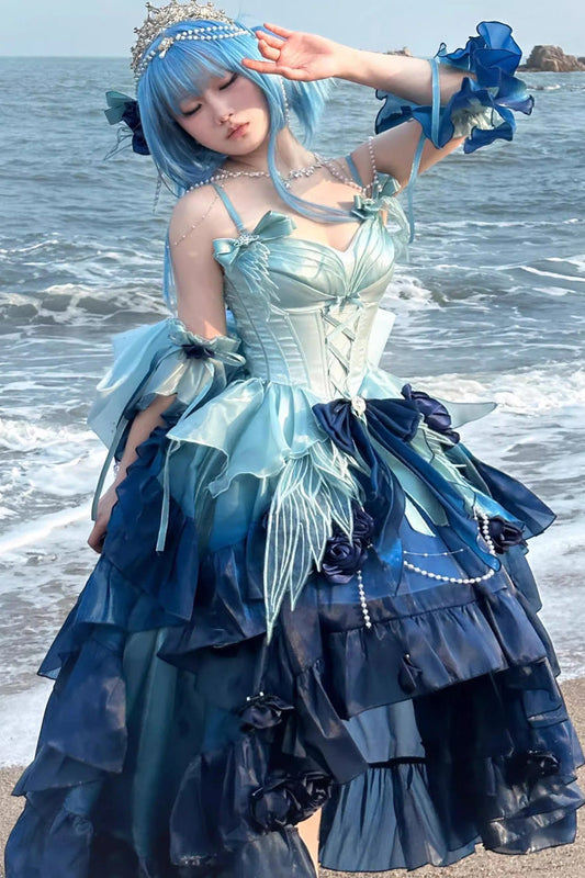 Undersea Blue Sweet Ballet Lolita Swan Wonderland Embroidery Lace-Up Asymmetric JSK Dress