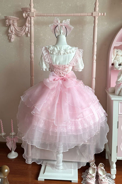 Pink Multi-Tier Ruffle Bridal Bow Lace Sweet Lolita Jumper - Lotus Butterfly Heart