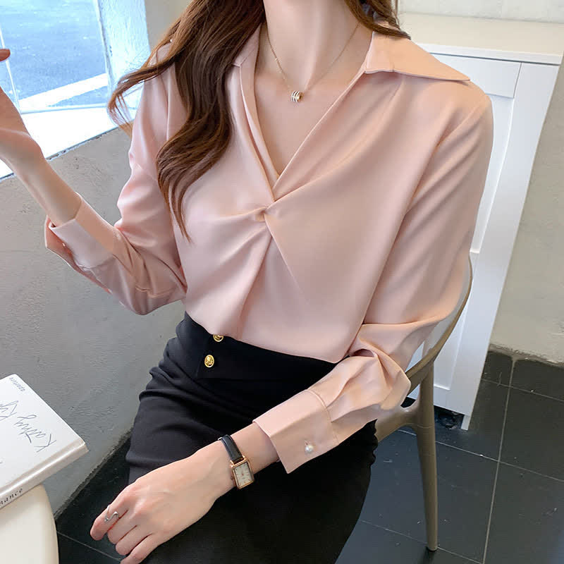 Chemise de travail élégante en satin à volants de couleur pure