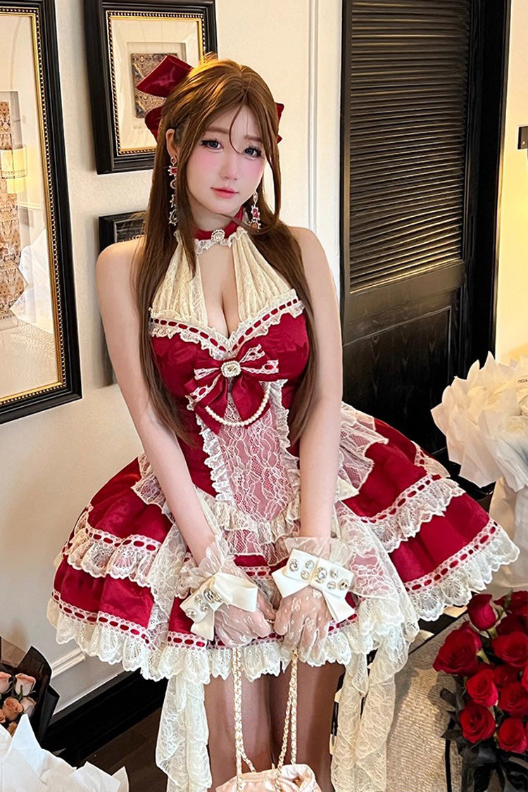 Beloved Young Lady Halterneck Sleeveless Double-Layered Ruffle Lace Dress
