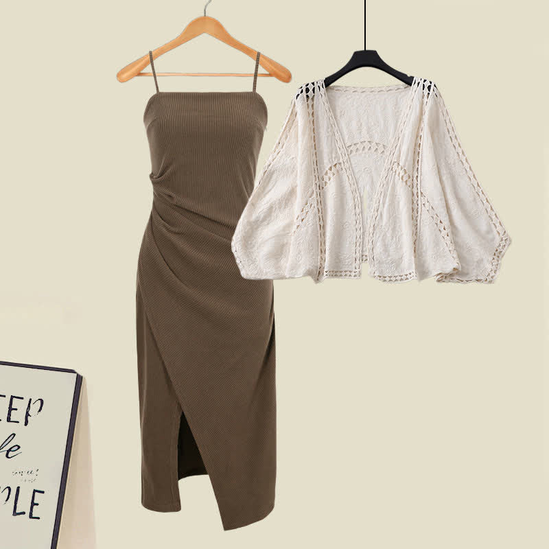 Set Split Ruffled Dress Out Slip Hollow Cardigan