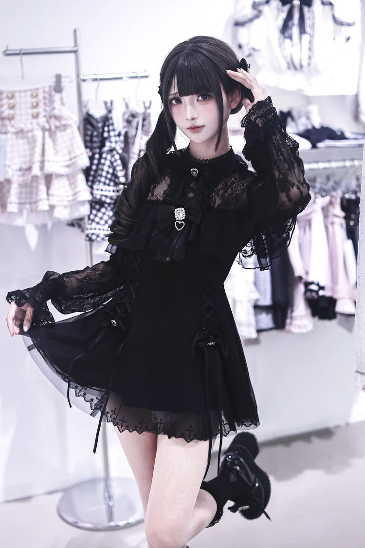 Lace Doll Round Collar Long Sleeves Ruffled Cut-Out Embroidered Bow Lace Gothic Jirai Kei Japanese Dress