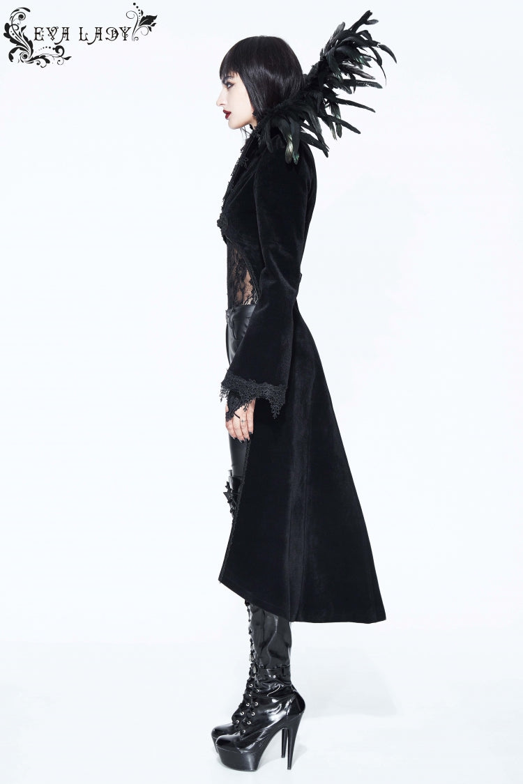 Gothic Tailcoat for Women with Feathered Collar Long Sleeves and Bowknot