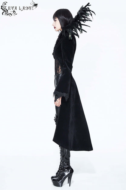 Gothic Tailcoat for Women with Feathered Collar Long Sleeves and Bowknot