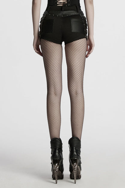 Faux Leather Punk Shorts with Mesh and Stud Embellishments