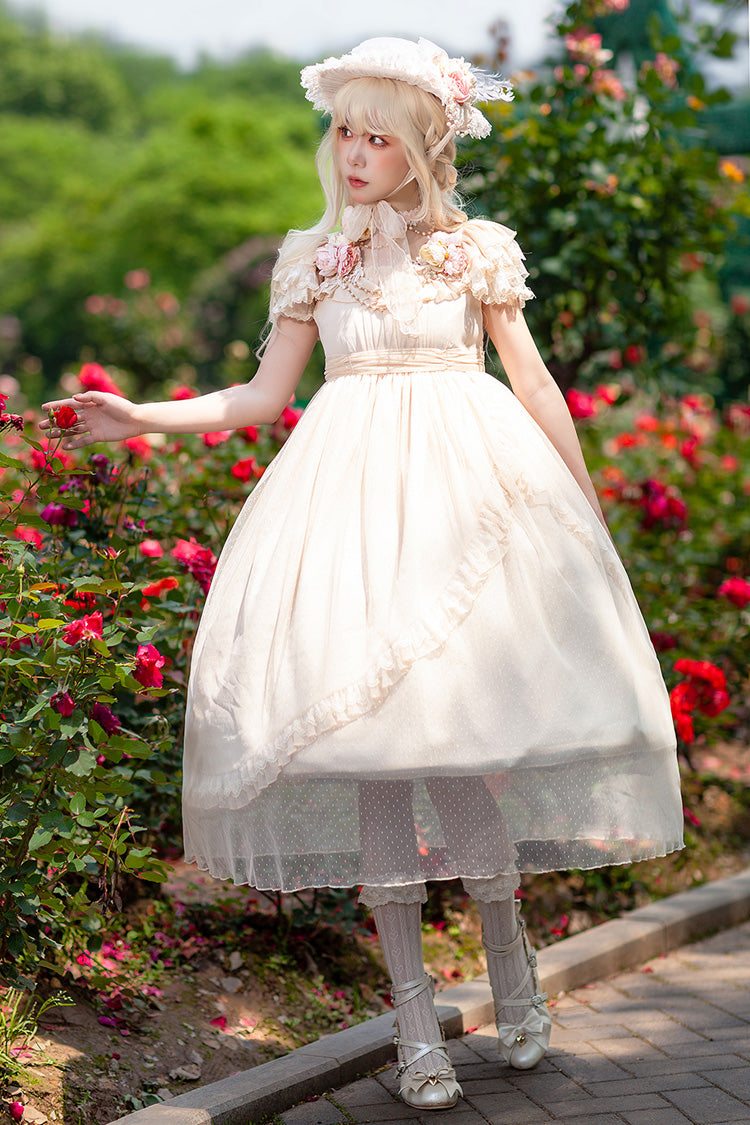 Apricot Polka Dot Asymmetric Ruffle Bow Lolita Dress - Moon goddess *Mediana*
